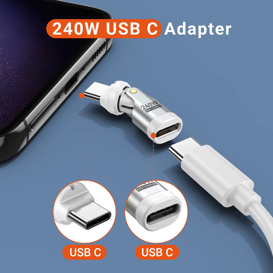 AUFU 240W USB-C zu Typ-C OTG-Adapter 540 Grad drehbar mit 5A Schnellladung als Stecker-zu-Buchse-Konverter für iPhone 16, MacBook und Samsung Laptop - Bild 6