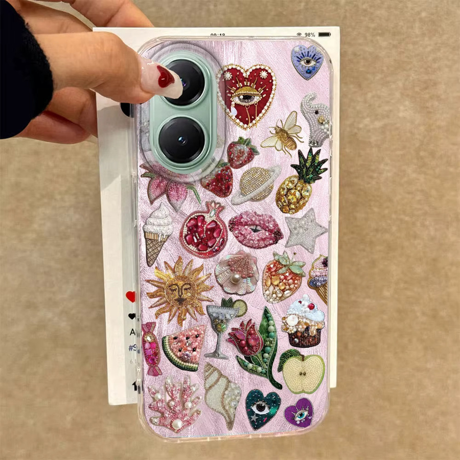 Handyhülle mit rosa Grafik Muster aus Obst, Sternen, Sonne, Auge und Federn für Xiaomi Poco X7 X6 X5 M6 Pro X3 NFC M5S C75 C71 C65 C61 in Pink - Bild 2