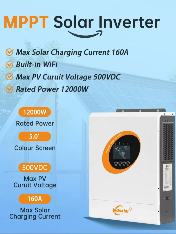 Jsdsolar Solar-Hybrid-Wechselrichter 12KW 48V mit Dual MPPT, 160A, WLAN und Smart BMS für Off-Grid PV-Stromspeichersysteme, Weiß - Bild 4