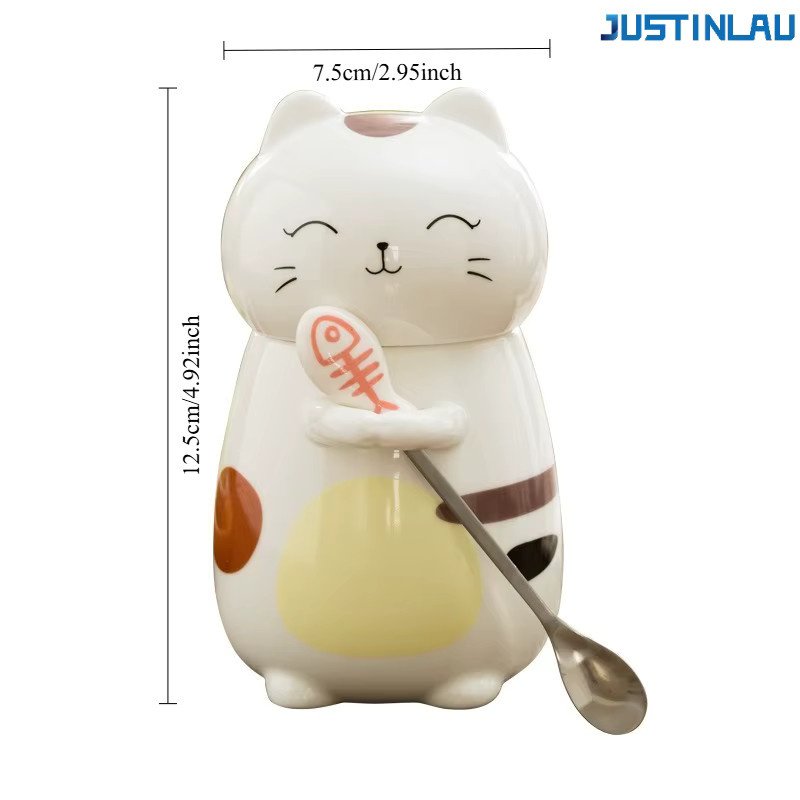 JUSTINLAU Keramikbecher mit Katzenmotiv, weißer Kaffeebecher mit Deckel und Löffel, Höhe: 12,5 cm, Durchmesser: 7,5 cm - Bild 2