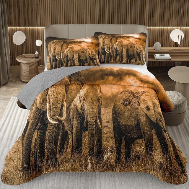 JMG Household Supplies Elefanten Quilt Set Safari Bettwäscheset mit Tagesdecke und Kissenbezügen in Braun, Queen Size, B/T: 210 x 210 cm - Bild 1