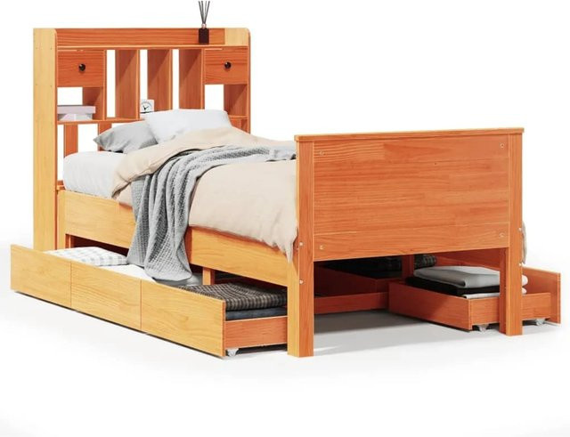 vidaXL Massivholzbett aus Kiefernholz mit Kopfteil mit Regal und Schubladen in Braun, B/T/H: 75 x 190 x 110 cm - Bild 1
