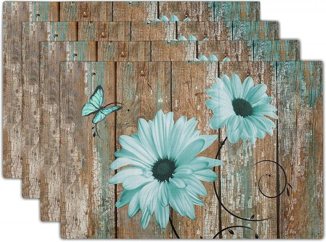 VIKAMA 4-teiliges Tischset aus Leinen mit Gänseblümchen-Design in Retro-Holzoptik, rutschfest und hitzebeständig, mehrfarbig - Bild 1