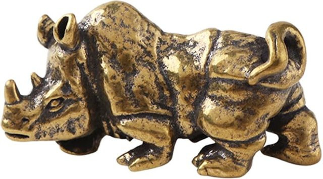 Dekorative Nashorn Skulptur aus Messing in Gold und Grün als Vintage Desktop Ornament für dein Home Office - Bild 1