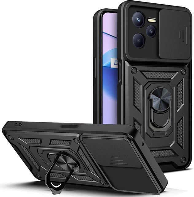 Realme Narzo 50A Prime und Realme C35 Handyhülle mit magnetischem Ringhalter und Schiebe-Kameraschutz in Schwarz - Bild 1