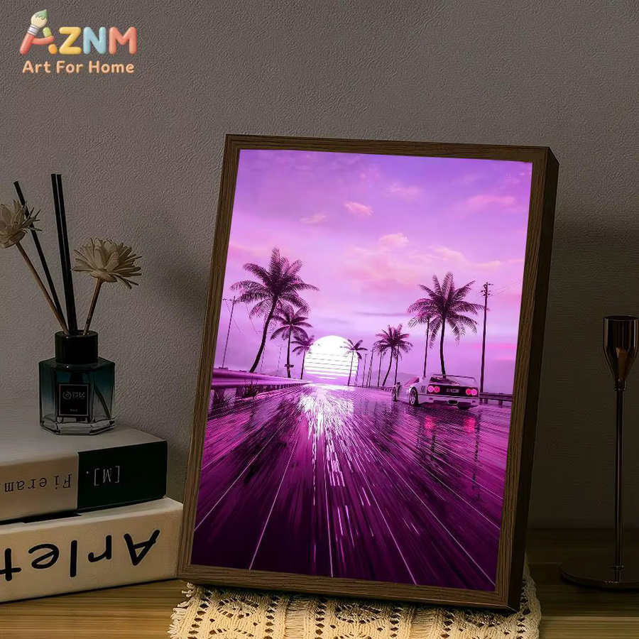 AZNM Synthwave Neon City Leinwand-Wandkunst im Retro-Stil der 80er Jahre mit Sportwagen und Palmen-Druck - Bild 6
