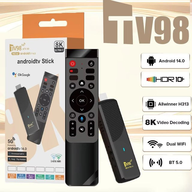 TV98 ATV X9 Smart TV-Stick mit Android 14, Allwinner H313 Quad-Core, 4K UHD, Dual-WLAN 4G/5G und Sprachfernbedienung, Schwarz - Bild 1