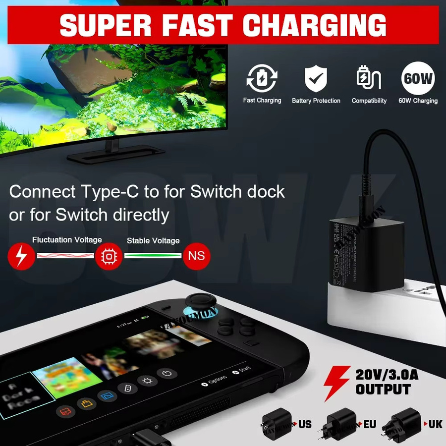 Hayoumon 60W USB-C Netzteil für Nintendo Switch, AC-Adapter mit 1,5m USB-C Ladekabel, Schwarz - Bild 4