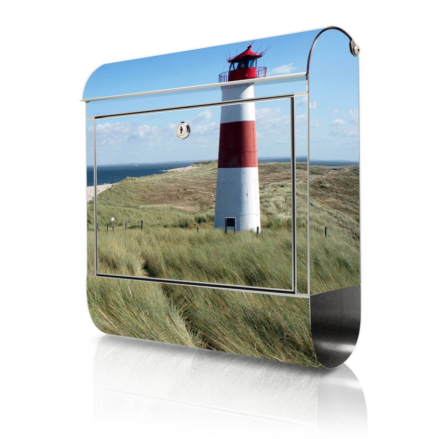 banjado Großer Briefkasten aus rostfreiem Edelstahl mit Leuchtturm-Motiv in Silber und Multicolor, H x B x T: 38 x 43 x 12,5 cm - Bild 1
