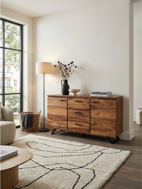 KADIMA DESIGN Sideboard aus Massivholz und Metall in Braun mit Baumkante und Schubladen, B: 145 cm, H: 82 cm, T: 45 cm - Bild 1