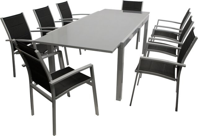 DEGAMO Gartenmöbel Garnitur MARINA 9-teilig aus Aluminium in Silbergrau mit schwarzem Kunstgewebe und Glastisch - Bild 1