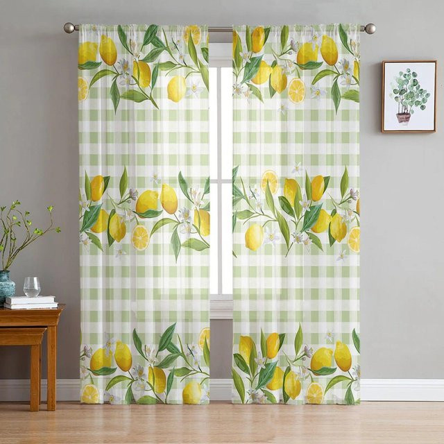 A Family Of Home Textiles Zitronenkarierte Sommer-Tüllvorhänge aus Chiffon in Grün, Breite: 135 cm, Höhe: 183 cm - Bild 1