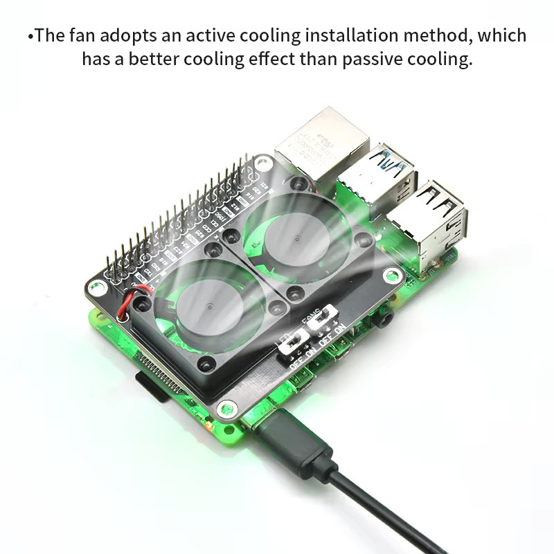SHCHV Aktiver Kühler für Raspberry Pi 5, 4B, 3B+ mit Dual-Lüfter, GPIO-Erweiterungsplatine, EIN/AUS-Schalter und LED-Licht in Schwarz - Bild 3