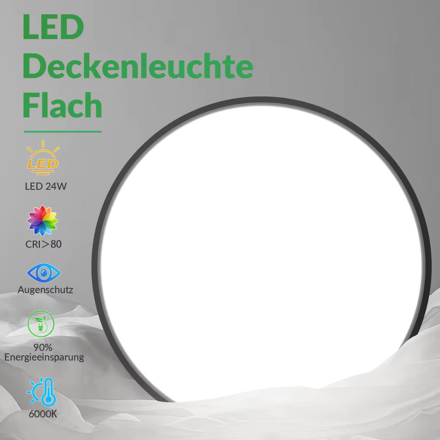 NETTLIFE Moderne Runde LED-Deckenleuchte Schwarz, 24W, Durchmesser: 30 cm, Höhe: 2,4 cm, Feuchtigkeitsbeständig und Staubdicht für Badezimmer und Küche - Bild 2