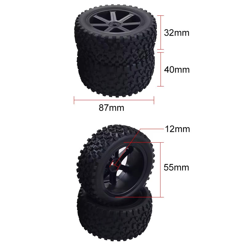 Vorder- und Hinterreifen, Räder-Set, 12 mm Sechskantnaben, Schwarz - Bild 3