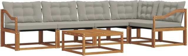 vidaXL Outdoor-Sofagarnitur 6-teilig aus Akazienholz und Textilene in Natur und Hellgrau mit L-Form und Kissen - Bild 1