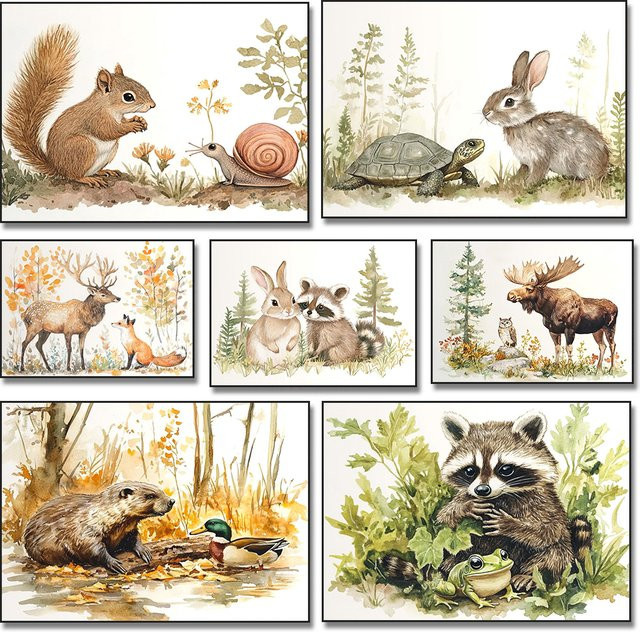 Potdemiel Leinwandbild mit Waldtieren Kaninchen Schildkröte und Eichhörnchen als Cartoon Illustration in Mehrfarbig - Bild 1