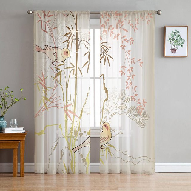 A Family Of Home Textiles Sheer Vorhang mit Bambus-Vogel-Motiv in Weiß, B: 135 cm, H: 114 cm - Bild 1