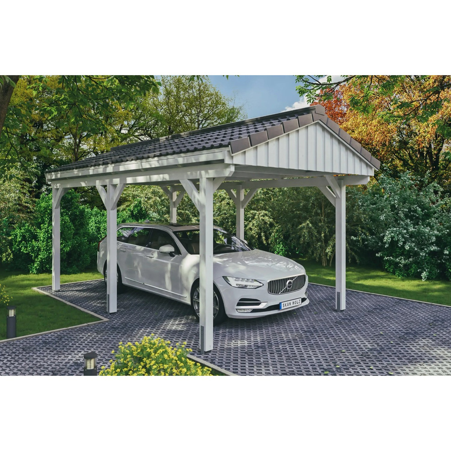 Skan Holz Carport Fichtelberg aus Fichten-Leimholz in Weiß mit spitzer Dachform, B/T: 317 x 566 cm, Höhe: 303 cm - Bild 2