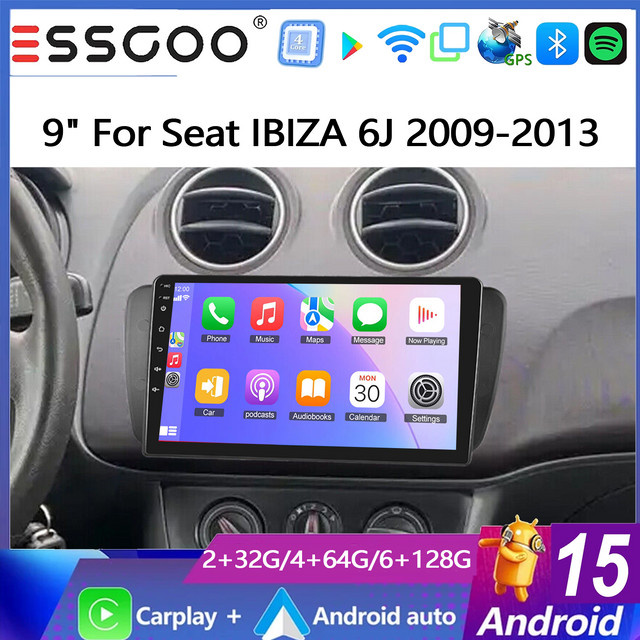 ESSGOO Android 15 Autoradio mit 9 Zoll IPS Touchscreen für Seat Ibiza MK 4 IV 6J 2009-13, Wireless Carplay und Android Auto, GPS, Bluetooth, Wifi, Schwarz - Bild 1