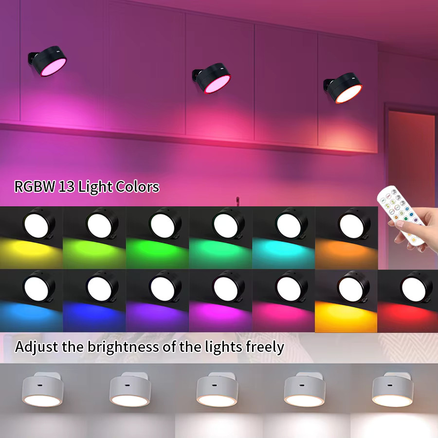 GGBEE Wiederaufladbarer LED-Strahler mit Fernbedienung, Kabellose RGB Wandleuchte in Multicolour, Dimmbares Magnetisches System mit 360 Grad Rotation für Schlafzimmer und Raumdekoration - Bild 2