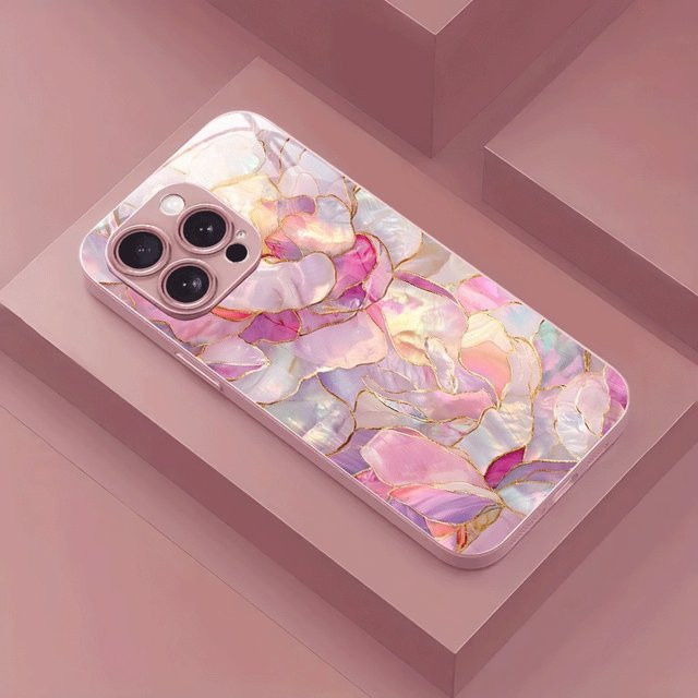 Apple iPhone Handyhülle aus Glas mit rosa Kristall-Blumen-Charm und Metallic-Design für iPhone 17 16 15 14 13 12 11 Pro Max und Plus Modelle - Bild 1
