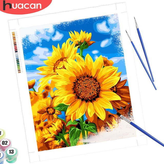 HUACAN Malen nach Zahlen Set Sonnenblumen Blumen auf Leinwand Gelb Wandkunst für Hobby und Home Decor - Bild 1