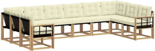 vidaXL Outdoor-Sofagarnitur in U-Form aus Akazienholz mit Textilene und Kissen in Weiß und Beige - Bild 1