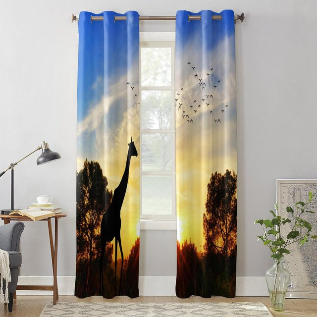 Super Six Fensterdekoration Sonnenuntergang mit Giraffe, halbtransparente Vorhänge aus Polyester, Mehrfarbig, B: 135 cm, H: 245 cm, 2er-Set - Bild 1