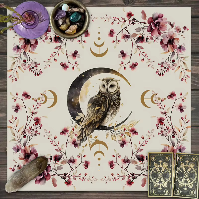 Tarot-Karten-Tischdecke im Boho-Stil mit Blumen, Mond und Eule aus Leinen - Bild 3