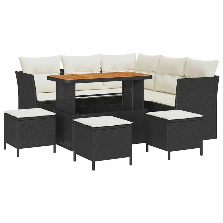 vidaXL 9-teiliges Garten-Sofa-Set aus schwarzem Polyrattan und Akazienholz mit beigen Kissen für Garten und Balkon - Bild 2