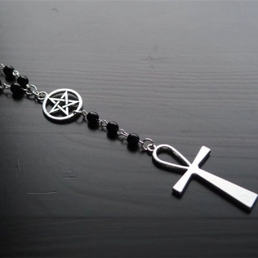 imixlot Rosenkranz-Halskette, Ankh und Pentagramm, schwarze Perlen, Damen - Bild 2