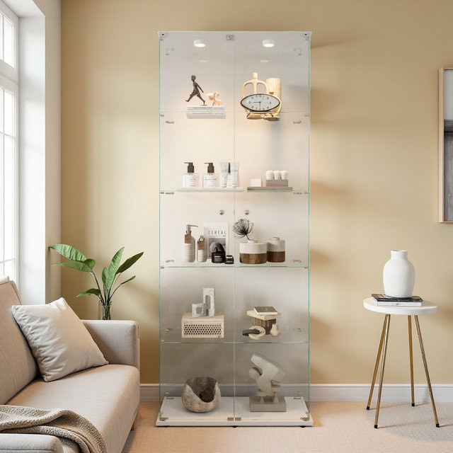 Lazyspace 5-stöckige Glasvitrine in Schwarz mit LED-Beleuchtung und 2 Glastüren für Wohnzimmer und Büro - Bild 1