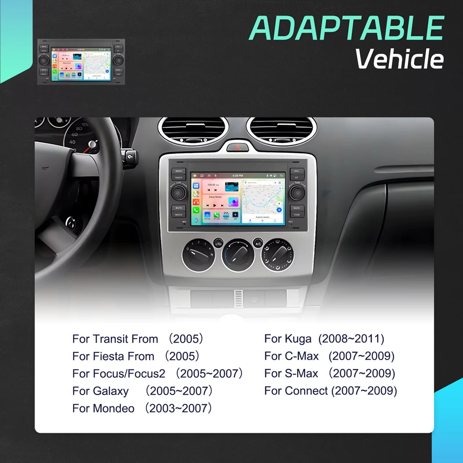 Podofo 7 Zoll Autoradio mit 6 GB RAM und 128 GB Speicher in Schwarz für Transit Fiesta Focus Galaxy Mondeo mit Carplay, Android Auto, WIFI und GPS-Navigation - Bild 2