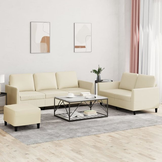 Vidaxl 3-teilige Sofagarnitur mit Kissen und Fußhocker in Beige aus Kunstleder - Bild 1