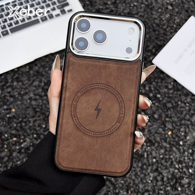 Xeber Magnetische Lederhülle für iPhone mit Wireless Charging und MagSafe Schutzfunktion in Braun und Lila - Bild 1