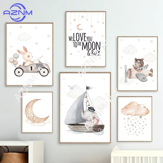 AZNM Kinderzimmer-Poster Minimalistische Leinwandbilder mit Cartoon-Motiven wie Hasen, Bären, Flugzeugen und Mond in Mehrfarbig - Bild 1