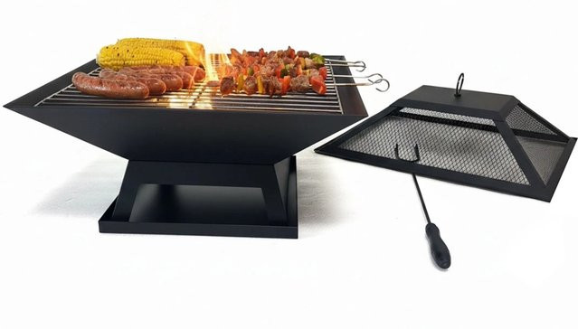 Relaxdays Feuerschale aus Stahl in Schwarz mit Funkenschutz und Grillrost, B/T/H: 36 x 45 x 45 cm - Bild 1