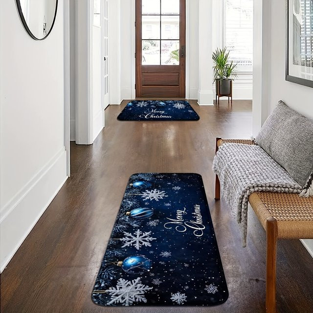VIKAMA 2-teiliges Teppich-Set Schneeflocken Design in Blau, rutschfest und schmutzabweisend für Wohnzimmer, Flur oder Badezimmer - Bild 1
