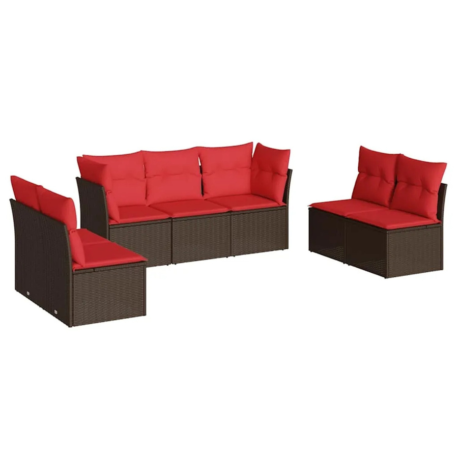 vidaXL 7-teilige Garten-Sofagarnitur in L-Form aus Polyrattan mit Kissen in Braun und Rot - Bild 2