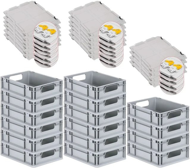 PROREGAL Spar Set 16x Eurobox Nextgen Economy mit Scharnierdeckel und gelben Schiebeschnappverschlüssen, Farbe: Grau/Gelb, H x B x T: 12 x 30 x 40 cm, 11 Liter - Bild 1