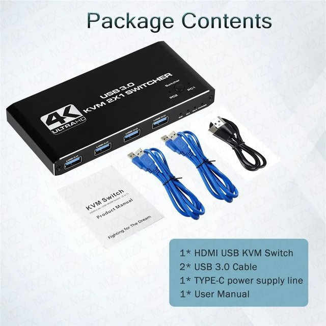 MZX KVM-Switch 4K 60Hz USB 3.0 Hub Dockingstation für 2 Computer in Schwarz - Bild 1