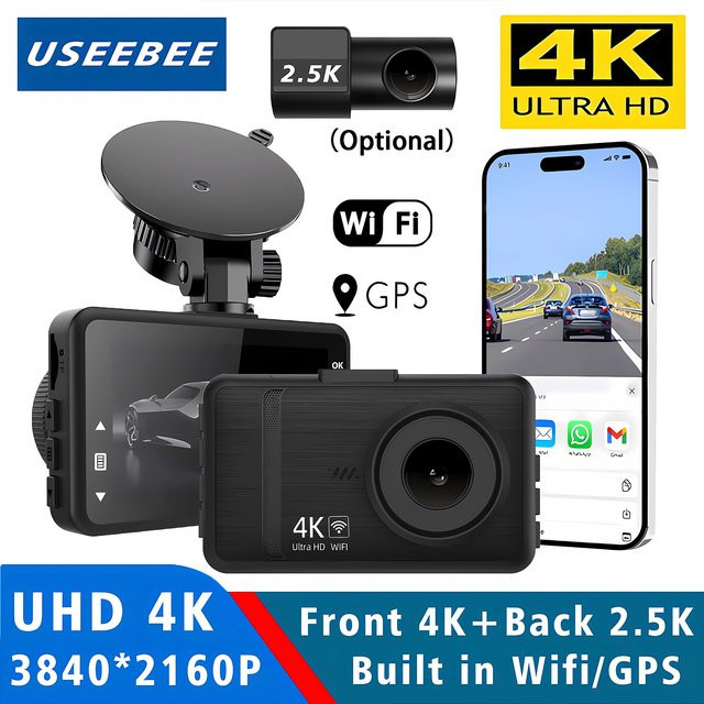 USEEBEE Dashcam mit Dual Objektiv, 4K UHD und 2,5K Auflösung, inklusive Rückfahrkamera, GPS, WIFI und 24H Parküberwachung in Schwarz - Bild 1