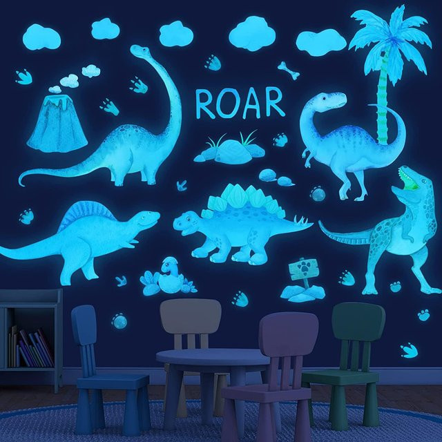 Sinekong Dinosaurier-Wandaufkleber im Dunkeln leuchtend, Aquarell-Dino-Aufkleber aus Vinyl in Grün und Multicolour, abnehmbare Wanddekoration für Kinderzimmer - Bild 1