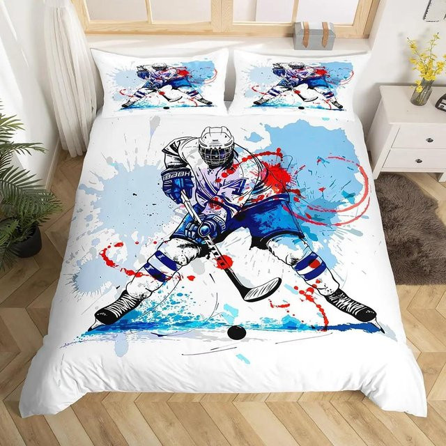 Bettwäsche-Set Graffiti-Eishockey von Jessica Chen, blaues Aquarell-Sport-Design für Kinder, 3-teilig, B/H: 210 x 210 cm - Bild 1