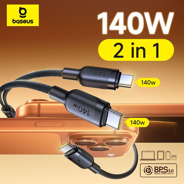 Baseus 2-in-1 USB-C auf Dual-Typ-C Schnellladekabel 140 W, PD3.1 QC PPS Datenkabel für Laptop, Tablet und Smartphone, Schwarz - Bild 1