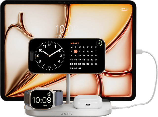 Zens 4-in-1 MagSafe Qi2 Kabelloses Ladegerät 15 W mit Ständer für Apple Watch und iPad in Schwarz oder Weiß - Bild 1