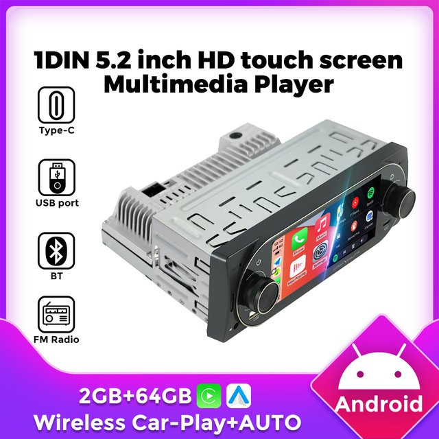 TomoStrong 1DIN MP5 Android Autoradio mit 5,2 Zoll Touchscreen, 2GB RAM + 64GB Speicher, Schwarz, unterstützt kabelloses Carplay - Bild 1