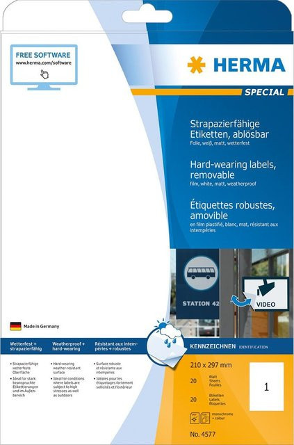 HERMA Special wetterfeste selbstklebende Etiketten aus weißer mattem Polyesterfolie, B/H: 210 x 297 mm, 20 Stück - Bild 1
