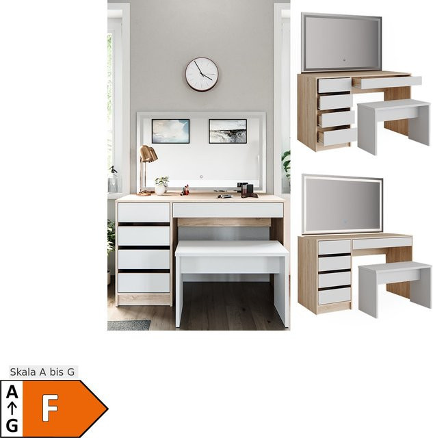 Vicco Schminktisch Sherry Weiß/Sonoma mit LED Spiegel und Hocker, Breite: 55 cm - Bild 1